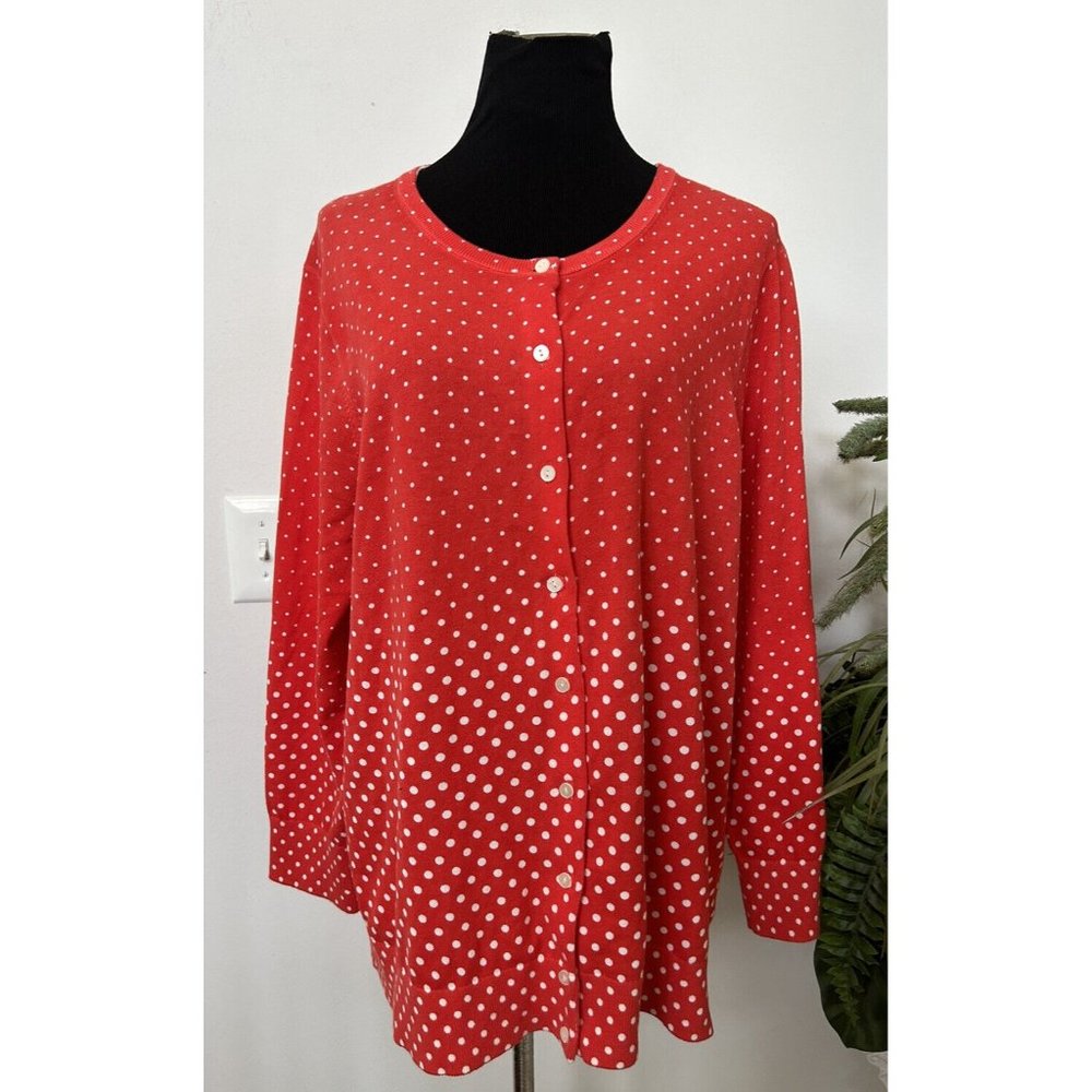 Lands'‎ End 100% supima cotton red polka dot long sleeve cardigan sweater  Sz 3X